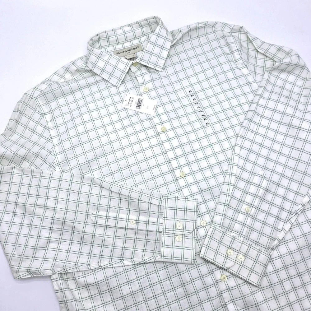 Banana Republic Mens‎ XL Green White Windowpane Cotton Button Down Shirt